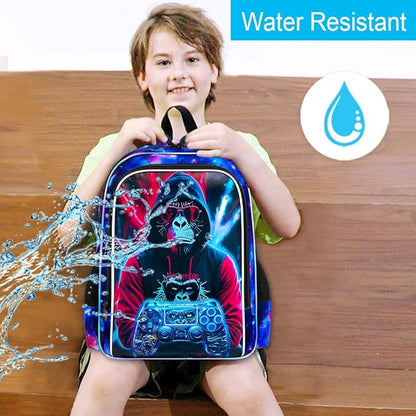 gxtvo 3PCS Game Backpack for Kids, 17" Boys Gorilla Bookbag with Lunch Box, Water Resistant Middle Elementary School Bag - Gaming Gorilla