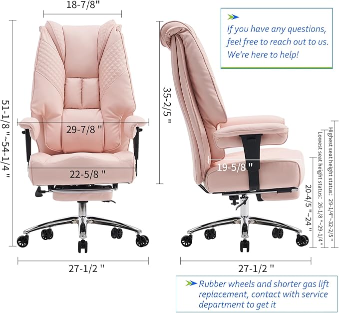 Big and Tall Office Chair 400lbs Wide Seat, Leather High Back Executive Office Chair with Foot Rest, Ergonomic Chairs Lumbar Support for Lower Back Pain Relief (Light Pink)