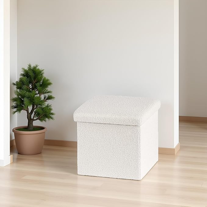 Folding Storage Ottoman Cube - Small Footrest with Sherpa Top, Multi-Functional Storage for Bedroom, Living Room,White