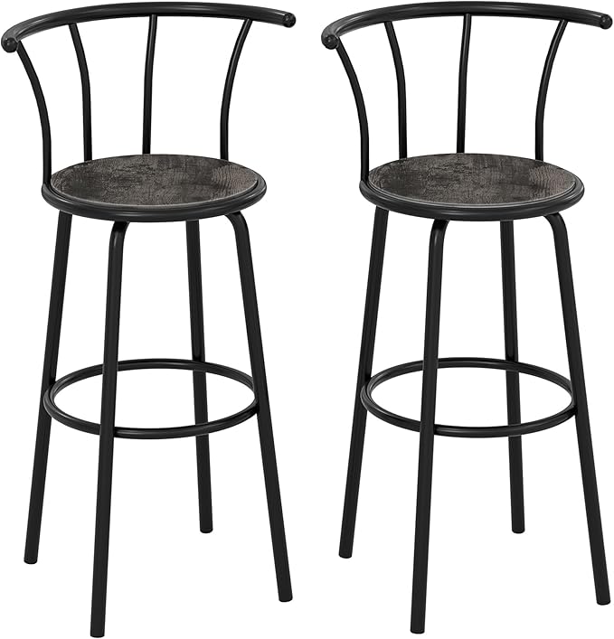 VECELO Bar Stools Set of 2, Swivel Counter Stools with Backrest, Bar Height Stools for Dining Room, Kitchen Island, Pub, Easy Assembly, Dark Grey