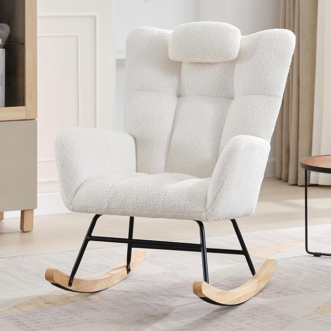 Nursery Rocking Chair,300Lb Glider Chair with Wood Legs/Two Side Pockets,Teddy Upholstered Glider Rocker with Padded Seat High Backrest for Living Room/Bedroom/Nursery
