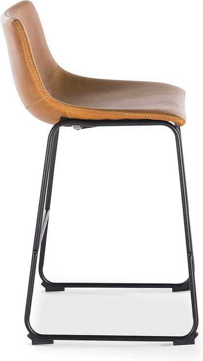 POLY & BARK Bar Stools Set of 3 – 34" Counter Height Chairs with Back, Tan PU Leather Seats with Metal Legs, Modern Industrial Style for Kitchen Island