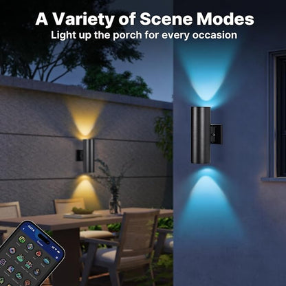 RGBCW Outdoor Wall Light 1 Pack, Smart Porch Light Dusk to Dawn Lighting with Remote Control, WiFi Outdoor Wall Sconce, Compatible with Alexa, Exterior Lights for House Porch Garage