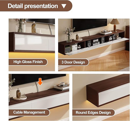 Floating TV Stand High Gloss,47'' Wall-Mounted TV Cabinet,Floating TV Console,Under TV Shelf with 3 Doors for Living Room Bedroom(Walnut+White)