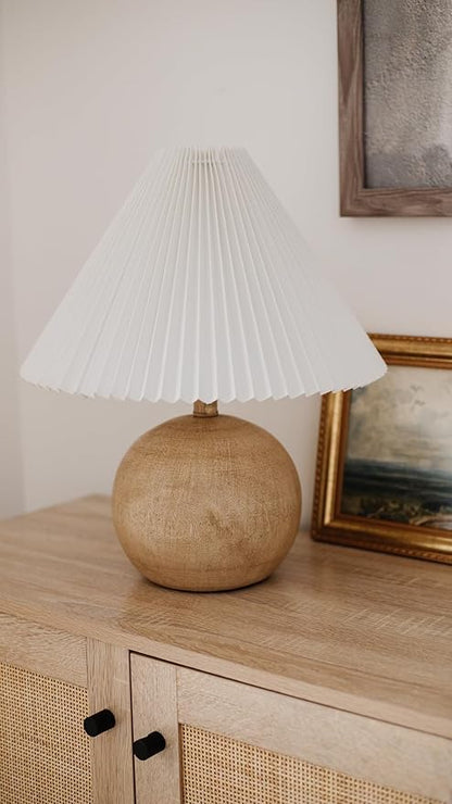JONATHAN Y 17.25" Beige Wood Finish/White Sphere Table Lamp, Mid-Century Bedside Nightstand with Beige Pleated Linen Shade, Scandinavian Coastal Style, LED Bulb Included (JYL1145B)