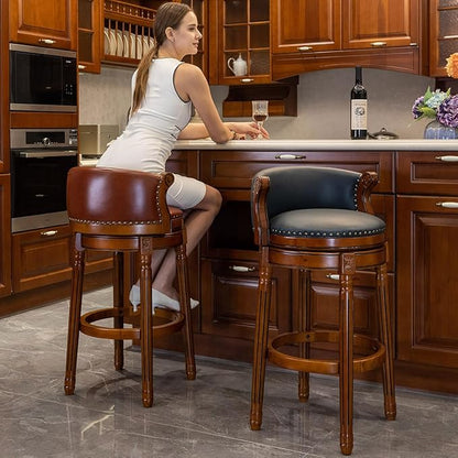 Cow top Leather Wooden Bar Stools, 29.5" Bar Height Bar Chair with Back, 180 Degrees Swivel Barstools Chair for Home Kitchen Counter,Dining Room, Restaurant,Study and Pub,2pcs(Brown)