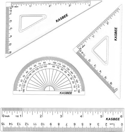 Geometry Set, 4PCS Geometry Kit for Students, Clear Protector, 6in Ruler, 2 Triangles, Metric and Imperial Scales