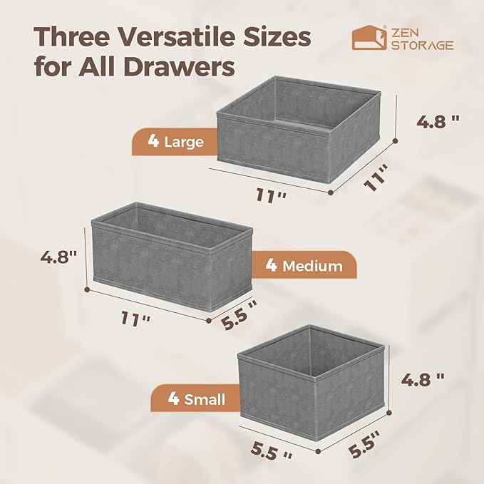 Sturdy Drawer Organizers (12-Pack) - Fabric Dresser Drawer Organizers & Dividers for Nursery Organization, Baby Organizers and Storage for Clothes, Socks & Underwear, Grey