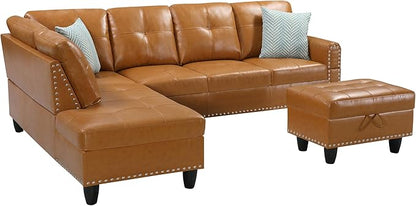 Ball & Cast 98" L Shaped Sectional Couch for Living Room with Chaise&Storage Ottoman,4 Seat Faux Leather Upholstered Modular Sectional Sofa Set 3 PCS W/Cup Holders&Coffee Table,for Home,Office,Ginger