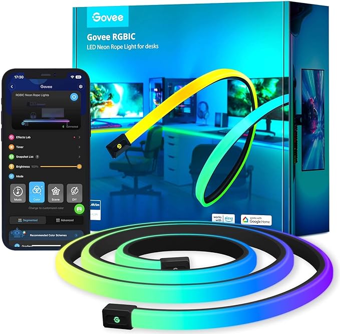 Govee RGBIC Neon Rope Lights for Desks, 16.4ft LED Gaming Desk Lights, Neon LED Strip Lights Syncing with Razer Chroma, Support Cutting, Smart App Control, Music Sync, Adapter (Only 2.4G Wi-Fi)