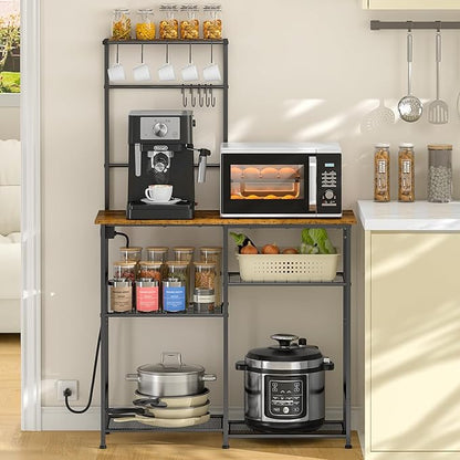 Bakers Rack with Power Outlet, Kitchen Microwave Stand with 10 S-shaped Hooks, 6-Tier Coffee Bar Station, Kitchen Storage Shelf Rack for Spices, Pots, Rustic Brown