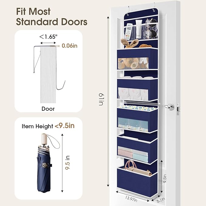 6-Tier Over The Door Organizer Hanging Storage Organizers with Clear Window 40lb Large Capacity Room Organizer for Pantry Bathroom Nursery Closet(Blue)
