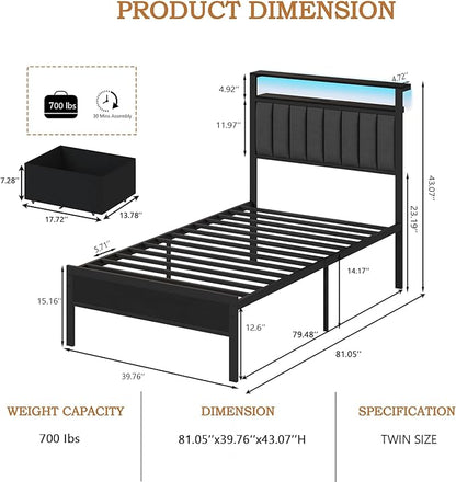 Furnulem Twin Bed Frames with Charging Station and LED Lights, Grey Upholstered Headboard with Shelves, Metal Platform Bed with 2 Under-Bed Storage (Fabric Drawer on Wheels), No Box Spring Needed