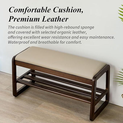 Shoe Bench, Entryway Bench with Leather Cushion, Solid Wood Shoe Rack, Mid Century Modern Bench, Shoe Storage, Shoe Organizer for Entryway (Grey, 21.7" W)