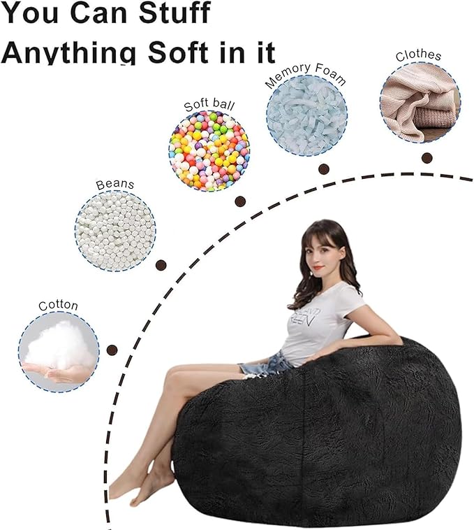 Bean Bag Chair for Adults Kids Without Filling Comfy Fluffy Giant Round Beanbag Lazy Sofa Cover with Words Embroidered for Reading Chair Floor Chair, 5FT, Black