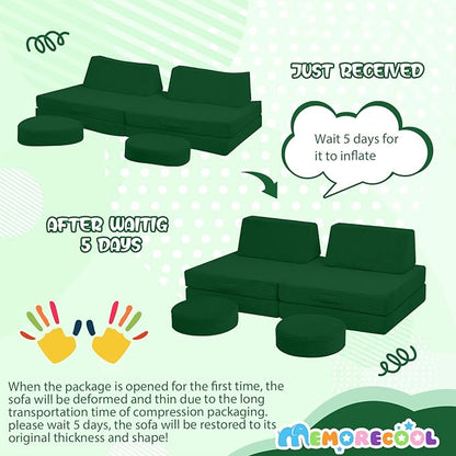 MeMoreCool Kids Couch for Playroom, Corduroy Convertible Toddler Couch, 8 Piece Modular Play Sofa, Foam Fort Building Set for Child Room Furniture, Green