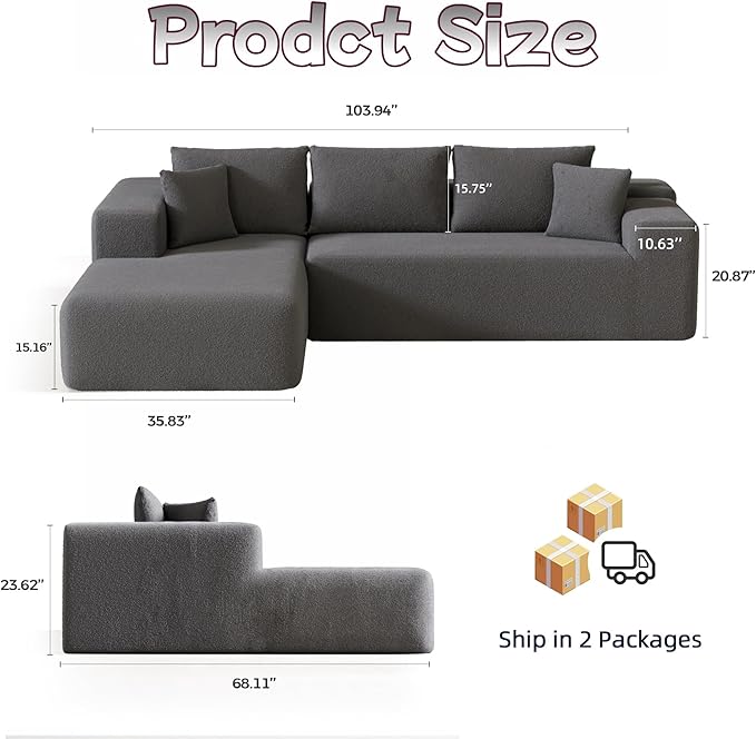Cloud Sectional Couch, 104”L-Shape Oversized Sofa with Right Chaise Lounge, Modular Sleeper Couch with Pillows & Deep Seat, Rain Drop Velvet Fabric Compressed Sofa for Living Room, Dark Gray