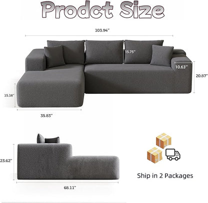 Cloud Sectional Couch, 104”L-Shape Oversized Sofa with Right Chaise Lounge, Modular Sleeper Couch with Pillows & Deep Seat, Rain Drop Velvet Fabric Compressed Sofa for Living Room, Dark Gray