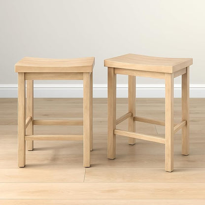 Grain & Grove Smith Collection Set of 2 Solid Wood Counter Height Bar Stools, 24-Inch Saddle Seat Backless Stools, Ideal for Kitchen Island, Dining, or Home Bar Seating, Blonde