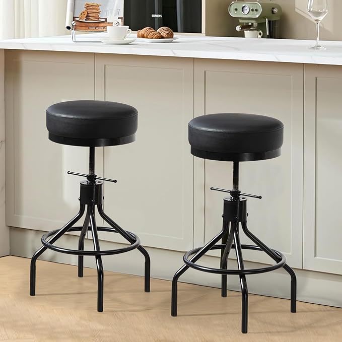 Counter Height Bar Stools Set of 2 Adjustable Swivel Barstools Modern PU Leather 28inch Round Backless Metal Industrial Stool Bar Chair for Kitchen Island (2, Black)