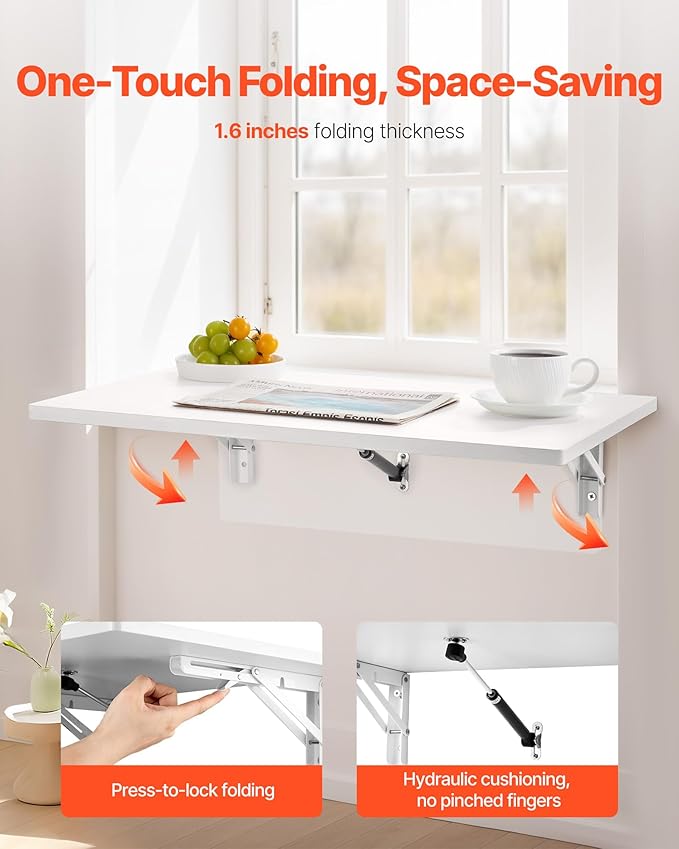 VEVOR Wall Mounted Folding Table, 23.6 x 15.7 inches Wall Mount Table, Floating Desk with Iron Bracket for Small Spaces, Home Office, Dining, Laundry Room, Kitchen, Bar, White