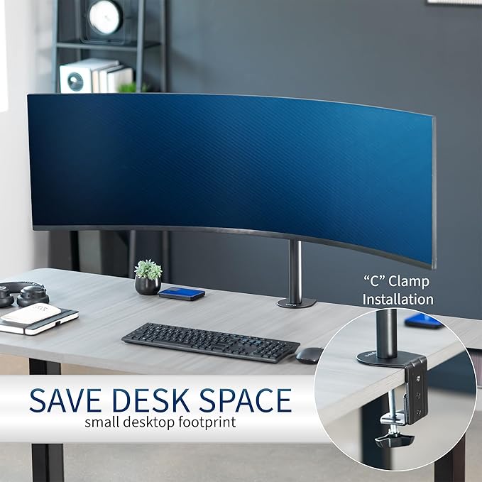 VIVO Clamp-on Single Ultra Wide Monitor Desk Mount, Low Profile Heavy Duty Adjustable Stand for 1 Ultrawide Screen up to 49 inches, 44 lbs Capacity, Black, STAND-V100C