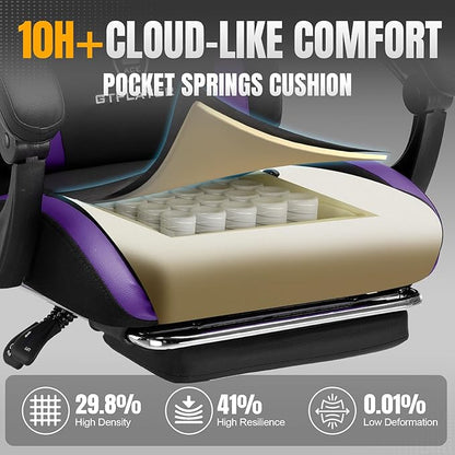 GTRACING Gaming Chair with Foot Rest & Pocket Spring Cushion, Ergonomic High Back Computer Chair with Headrest & 360°-Swivel Seat for Home Office Desk, PU Leather, Purple