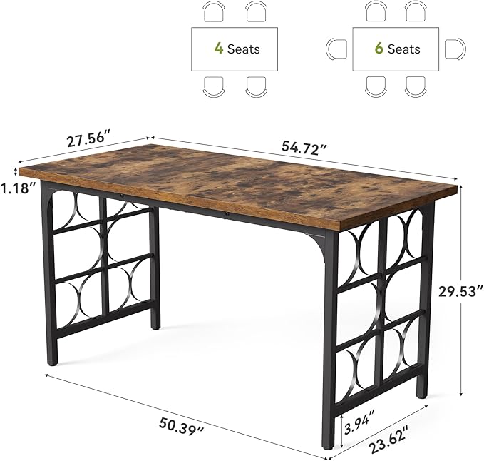LITTLE TREE Farmhouse Dining Table for 4-6, 54.7-Inch Wooden Rectangle Kitchen Dining Room Table, Industrial Rustic Dinner Desk for Kitchen, Living Room, Home, Brown