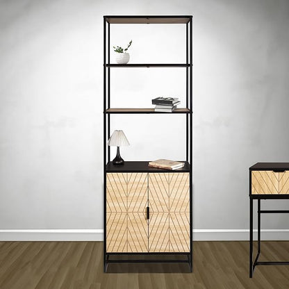 AC Pacific Bali Coastal Modern 6 Tier Bookshelf with Storage, Features Sleek Black Frame and Natural Wood Accents, Versatile Book Shelf and Display Solution for Bedroom and Living Room, 67" High