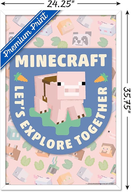 Trends International Minecraft - Let's Explore Together Wall Poster, 34L x 22.4W, White Framed Version