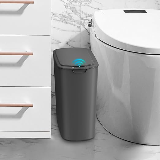 Cesun Automatic Motion Sensor Bathroom Trash Can with Lid, 2.6 Gallon Touchless Trash Bin, Smart Plastic Slim Garbage Can Small Grey Wastebasket for Toilet, Office, rv, Bedroom, Living Room