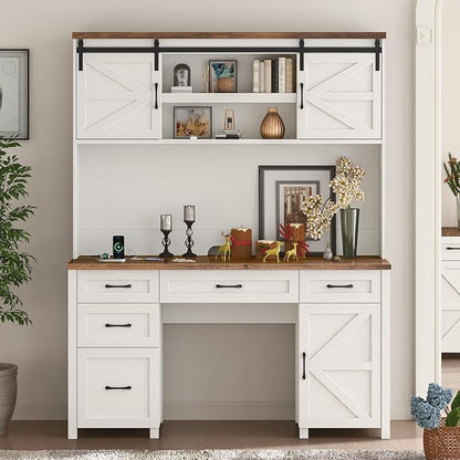 67''H Farmhouse Executive Desk with Hutch & 5 Drawers, Rustic Office Desks Computer Desks with Charging Station, File Drawers and Storage Cabinets, Wood Workspace for Home Office,Unique White.
