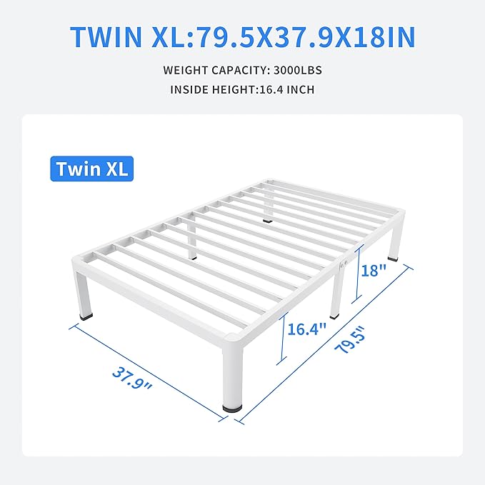 MAF 18 Inch Twin XL Bed Frames White with Round Corner Legs Mattress Slide Stopper No Box Spring Needed Heavy Duty Metal Platform Bed Frame Under-Bed Storage Space, 3000 LBS Steel Slats Support