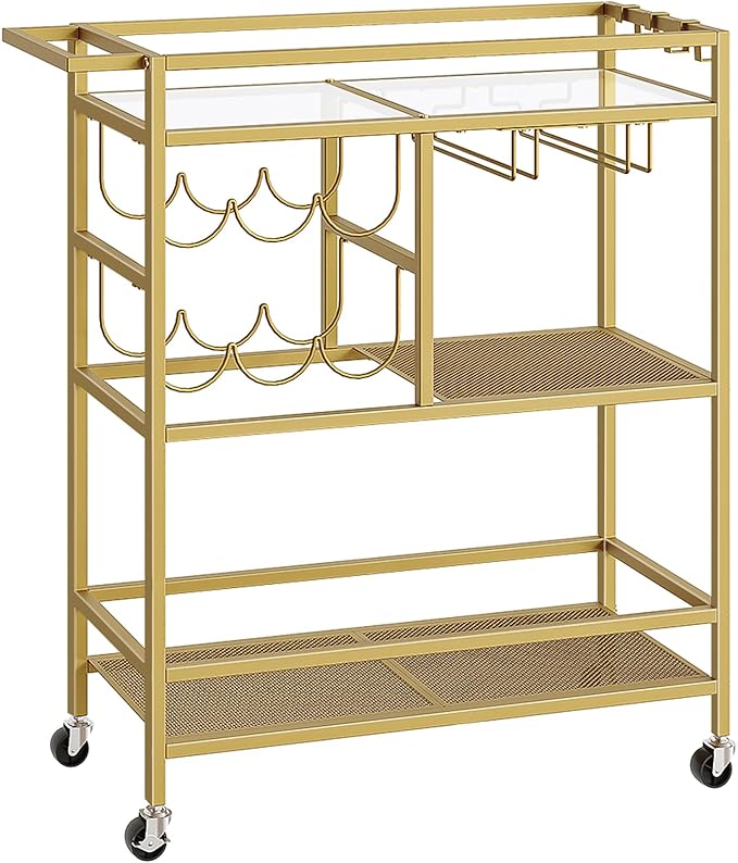 Bar Cart for Home, 3-Tier Serving Cart with Wheels and Handle, Beverage Cart with Wine Rack and Glass Holders, Rolling Wine Cart for Kitchen, Dining Room, Gold RCJ61B01
