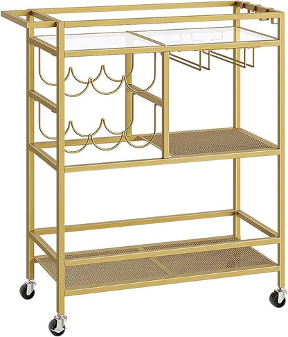 Bar Cart for Home, 3-Tier Serving Cart with Wheels and Handle, Beverage Cart with Wine Rack and Glass Holders, Rolling Wine Cart for Kitchen, Dining Room, Gold RCJ61B01