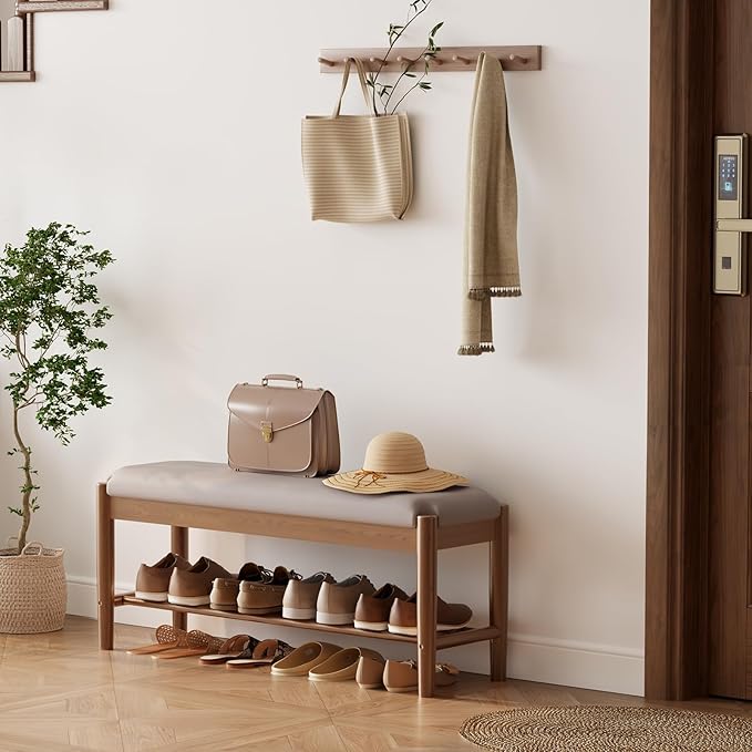 Shoe Bench Entryway with Cushion, Solid Wood Bench with Shoe Storage, 2-Tier Shoe Rack Bench for Entryway,Hallway (Gray)