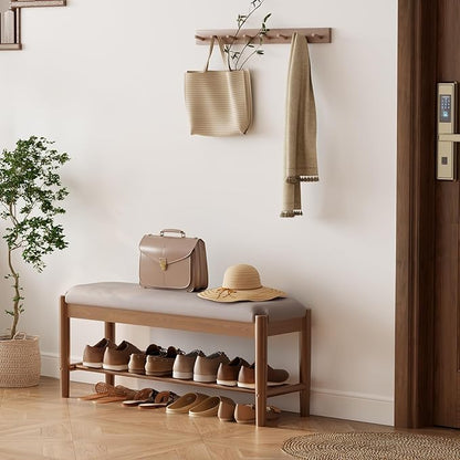 Shoe Bench Entryway with Cushion, Solid Wood Bench with Shoe Storage, 2-Tier Shoe Rack Bench for Entryway,Hallway (Gray)