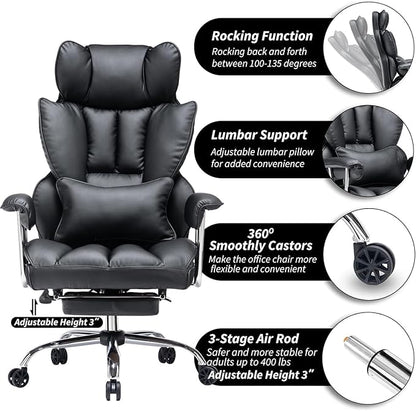Efomao Desk Office Chair 400LBS, Big and Tall Office Chair, PU Leather Computer Chair, Executive Office Chair with Leg Rest and Lumbar Support, Black Office Chair