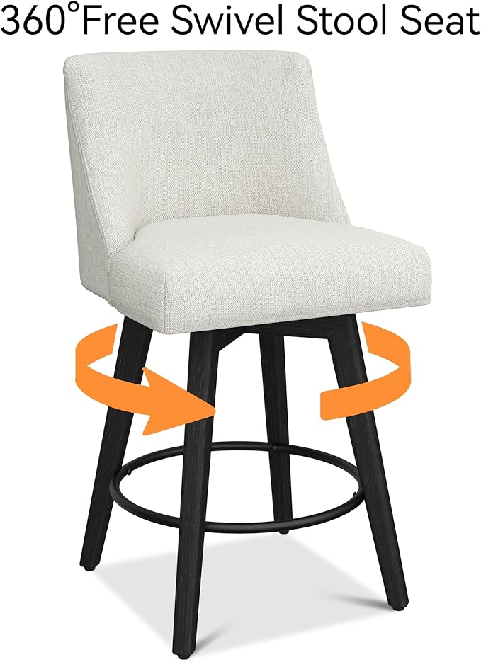 Counter Height Bar Stools Set of 6, Modern Swivel Barstools with Back and Wood Legs, Linen Fabric Upholstered Bar Chairs, 26" H Kitchen Counter Stools, Kitchen Island Home Bar, Ivory