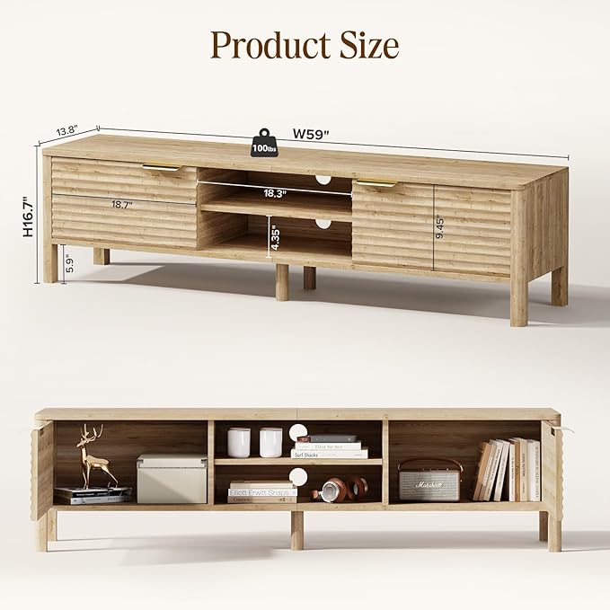 TV Stand for Living Room - up to 65 Inch TVs Mid Century Modern Entertainment Center with Storage and Adjustable Shelves, Media Console Table Oak 59"
