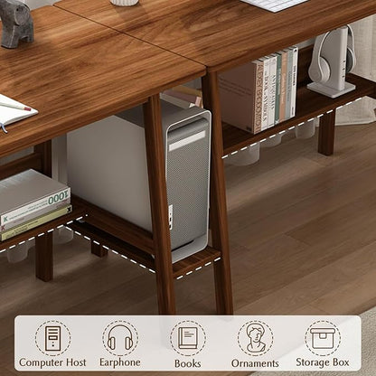2-Person Writing Desk with Bookshelf - 110" Wooden Extra Long Home Office Work Table, Double Study Computer Workstation with Storage Shelves in Walnut, 110" W x 24" D