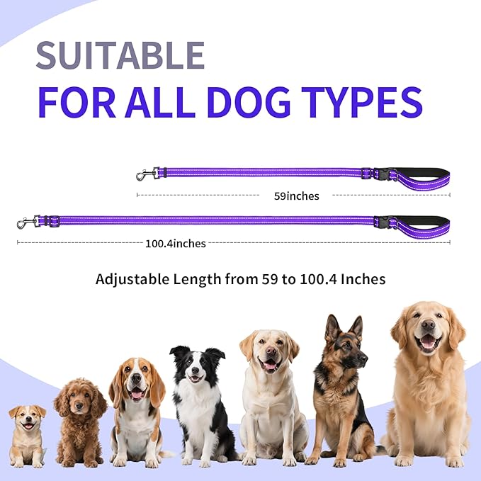 Kazazoo Hands-Free Dog Leash Adjustable Length 5-8 Ft, Waist for Dog Walking, Running for Small &Medium Dogs with Reflective Strips, Ballistic Nylon, Waist Belt, Lightweight Purple