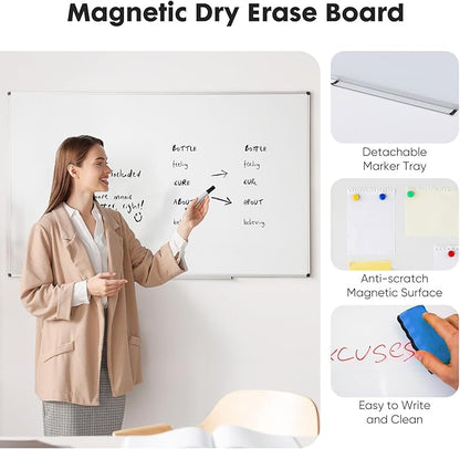 NEWBULIG Magnetic Dry Erase Whiteboard, 36" x 24" Large White Board with Silver Aluminum Frame for Wall with 1 Dry Eraser & 2 Multicolor Markers & 4 Magnetic Pins for Office, Home, School