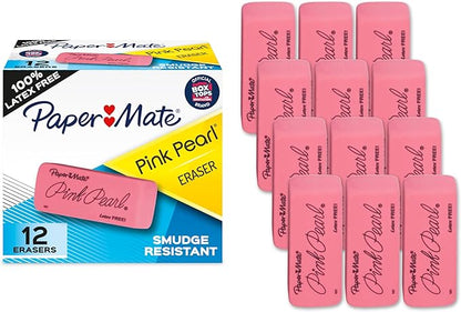 Paper Mate Erasers, Pink Pearl, 12 Count - Latex Free and Smudge Resistant, Back to School, Teacher Supplies