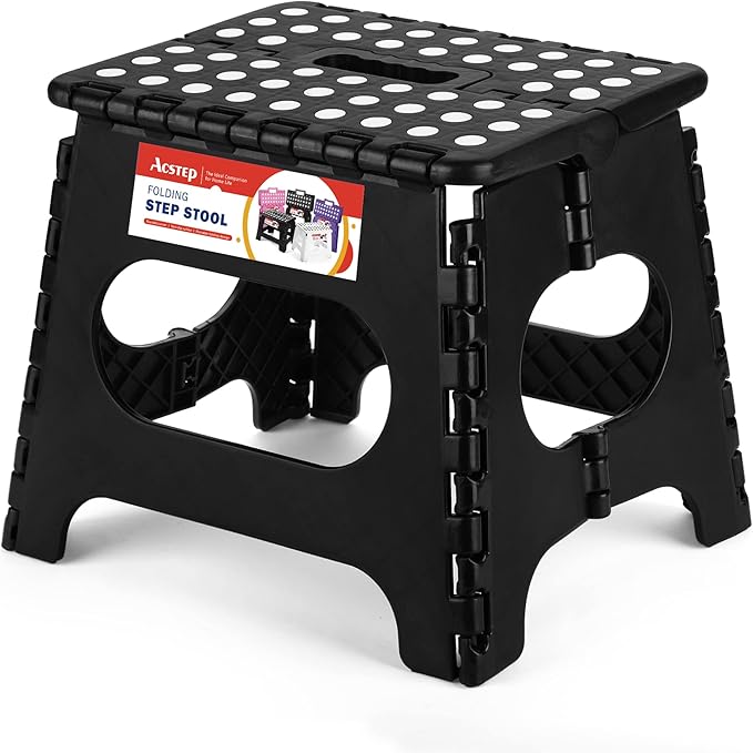 ACSTEP Folding Step Stool for Adults-11 Height Lightweight Plastic Stepping Stool. Foldable Step Stool Hold up to 300lbs Non Slip Collapsible Stool Black