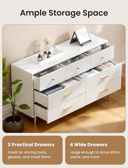 7 Drawer Dresser for Bedroom - White & Gold Chest of Drawers, High Gloss MDF Organizer Storage with Drawers with Golden Handles, Wide Storage Dresser for Bedroom