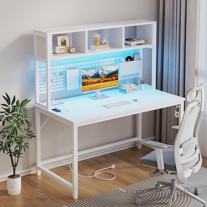 White Computer Desk with Hutch and Pegboard - Computer Desk with Power Outlets, 47 Inch Modern Study Teen Desk with Pegboard Storage Bag, Hooks and Side Bag,Writing Desk for Bedroom Home Office
