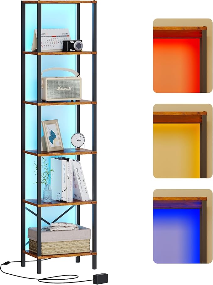 6-Tier Bookshelf, Tall Narrow Bookcase with LED Lights, Book Shelf with Steel Frame, Display Storage Shelf for Living Room, Bedroom, Home Office, Study, Balcony, Rustic Brown