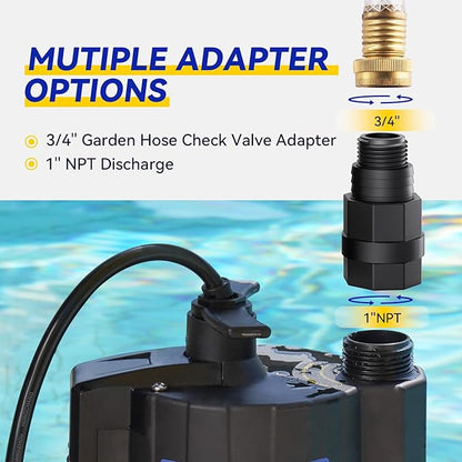 Acquaer 1/4 HP Automatic Submersible Water Pump, 115V Sump Pump with 3/4” Garden Hose Adapter, 1980 GPH High Flow Water Removal for Swimming Pool Cover Hot Tubs Flooded House Basement