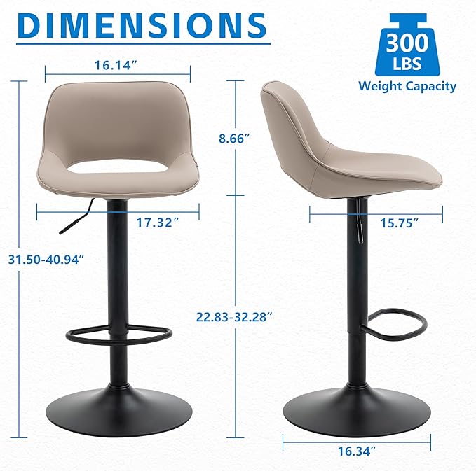 YOUNIKE Bar Stools Set of 2 Compact Modern Swivel Barstools, Adjustable Counter Height Bar Stools Faux Leather Upholstered Bar Chairs with Back for Kitchen Island, Khaki
